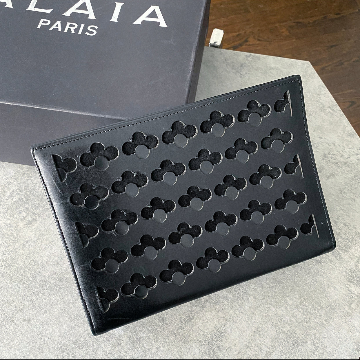 Alaia Black Leather and Suede Perforated Small Clutch Bag