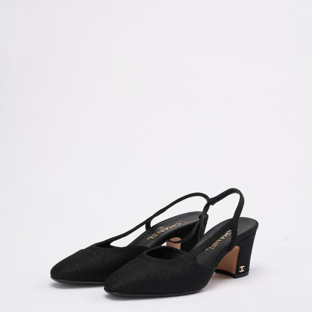 Chanel Black Glitter Slingback Pumps 39C