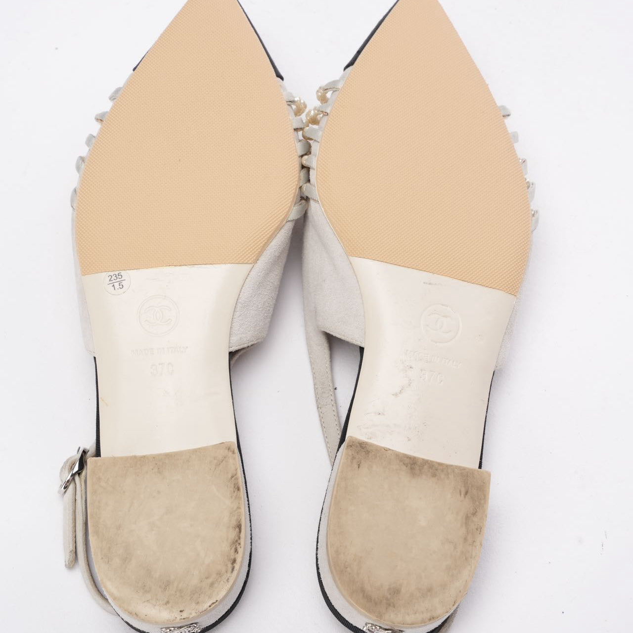 Chanel Satin Grosgrain Pearl Slingback Flats White/Black Size 37C