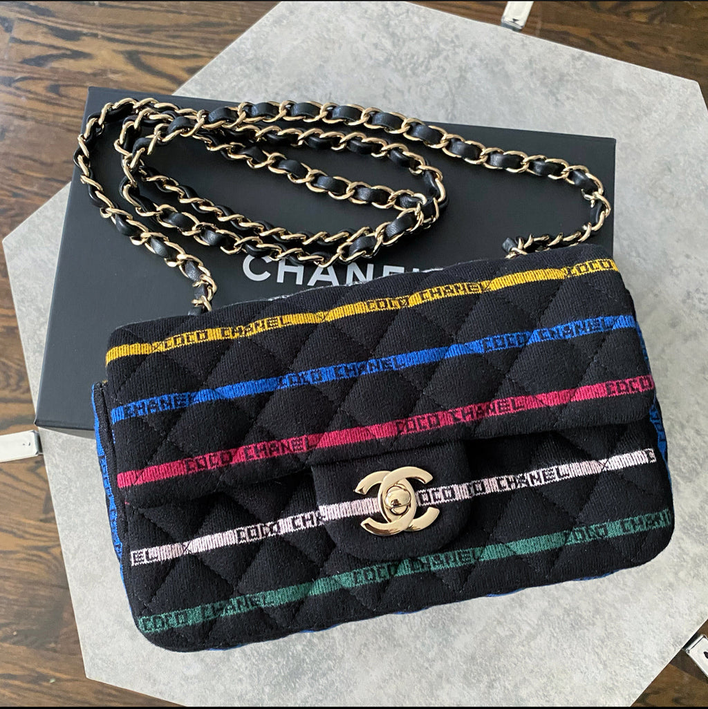 Chanel 22S Jersey Logo Mini Stripe Classic Flap Bag