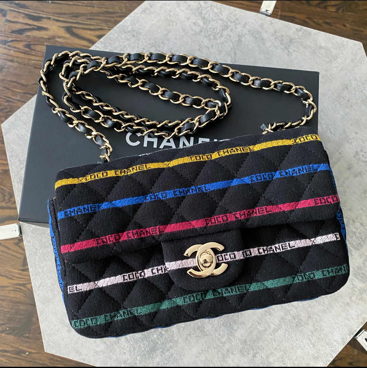 Chanel 22S Jersey Logo Mini Stripe Classic Flap Bag