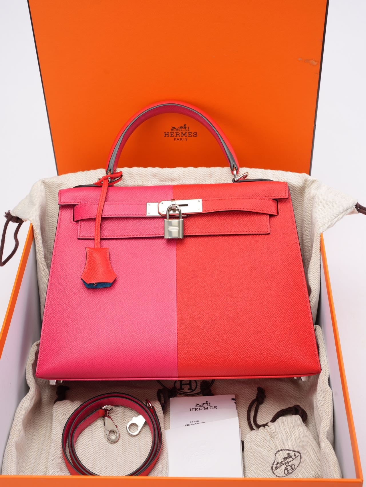 Hermès Kelly 28 Epsom Rose Extreme/ Rouge de Coeur with Blue Zanzibar