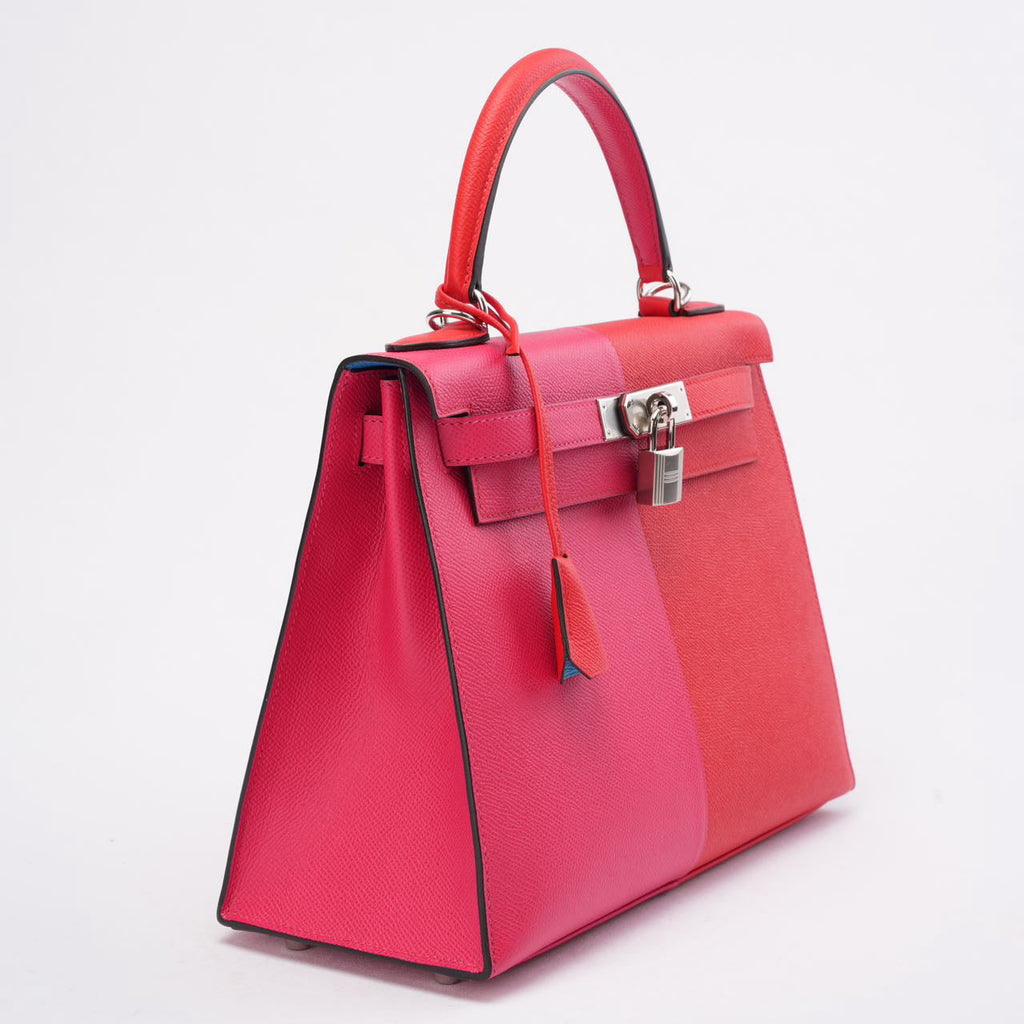 Hermès Kelly 28 Epsom Rose Extreme/ Rouge de Coeur with Blue Zanzibar