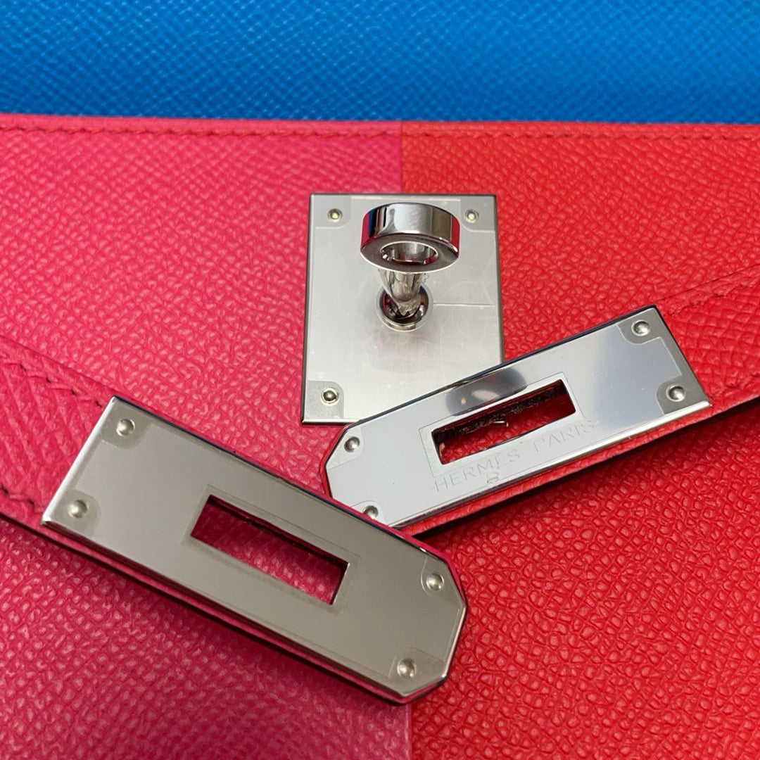 Hermès Kelly 28 Epsom Rose Extreme/ Rouge de Coeur with Blue Zanzibar