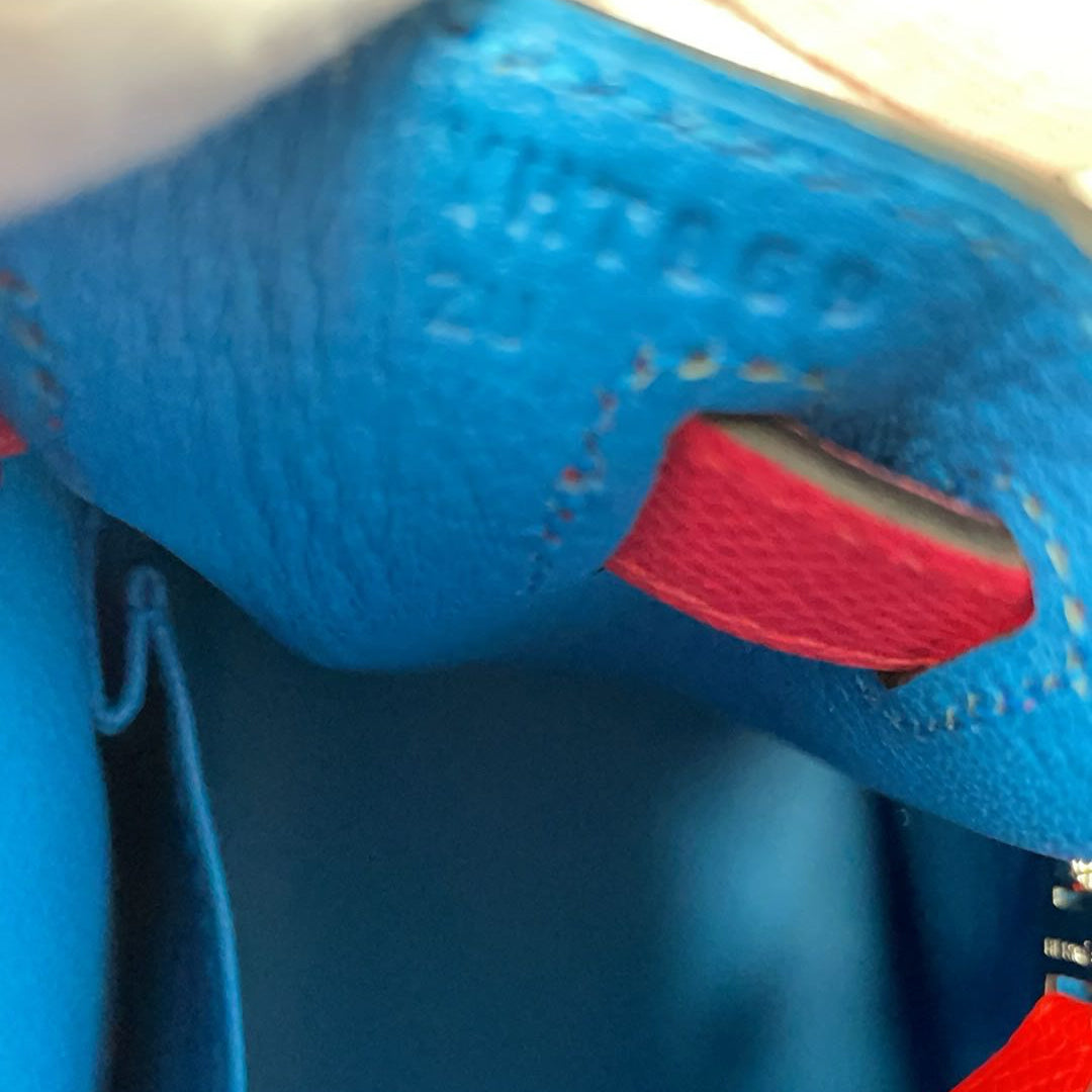 Hermès Kelly 28 Epsom Rose Extreme/ Rouge de Coeur with Blue Zanzibar