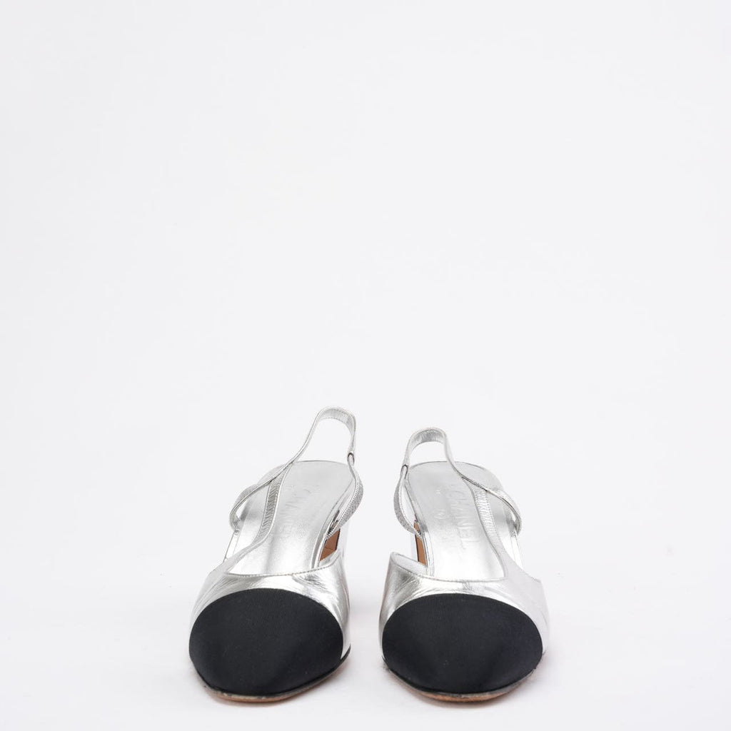 Chanel Silver/Black Patent Cap Toe CC D'osray Slingback 39C