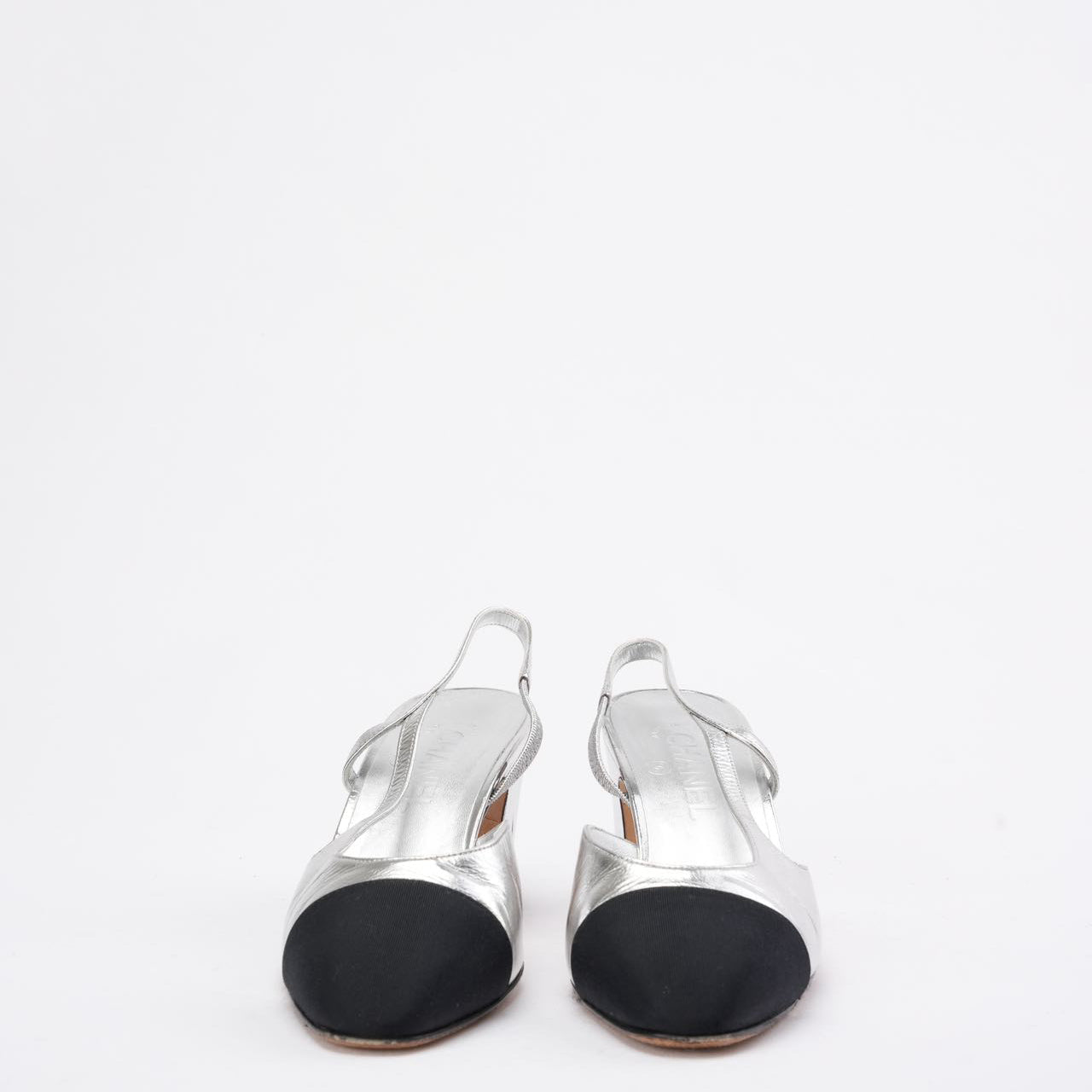 Chanel Silver/Black Patent Cap Toe CC D'osray Slingback 39C