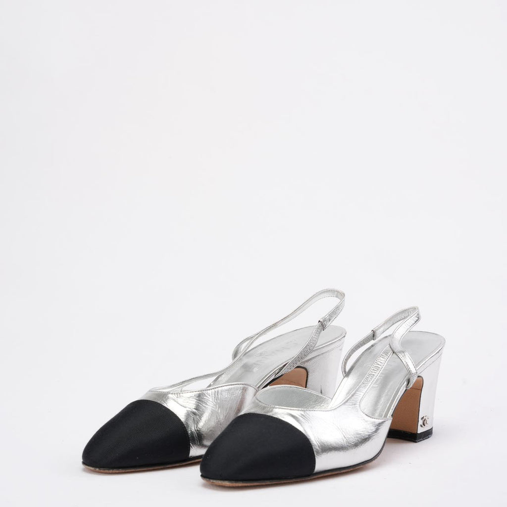 Chanel Silver/Black Patent Cap Toe CC D'osray Slingback 39C
