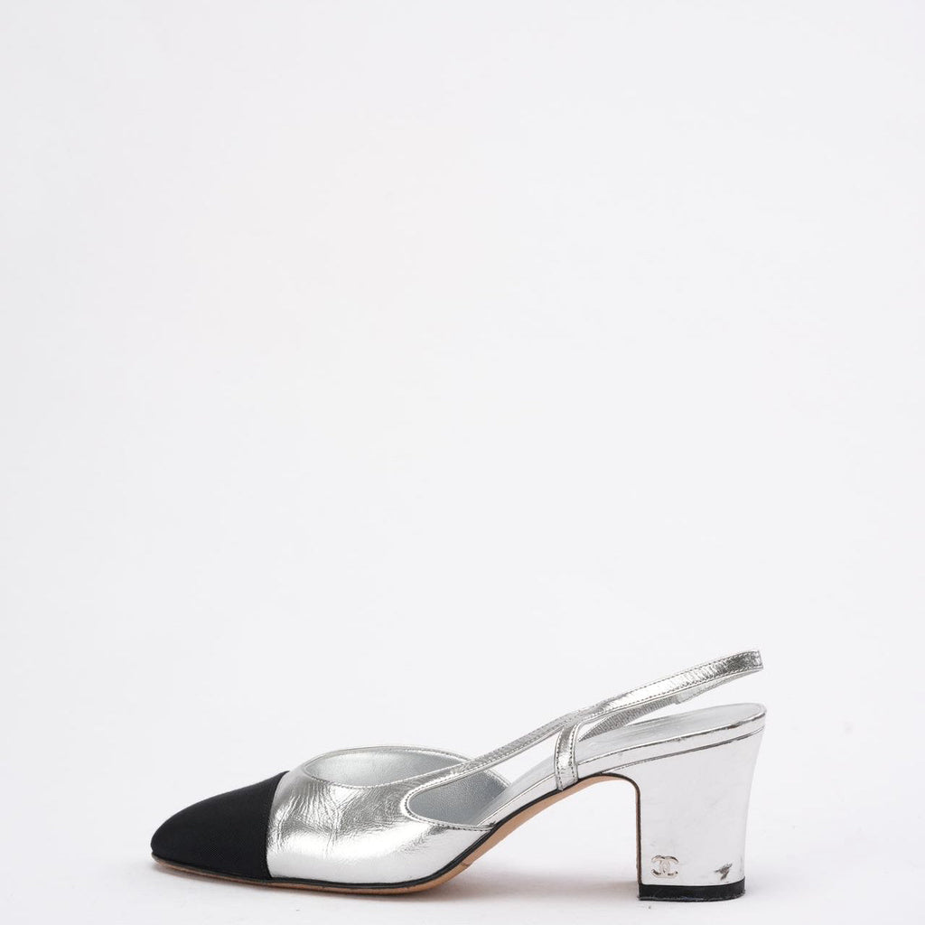 Chanel Silver/Black Patent Cap Toe CC D'osray Slingback 39C
