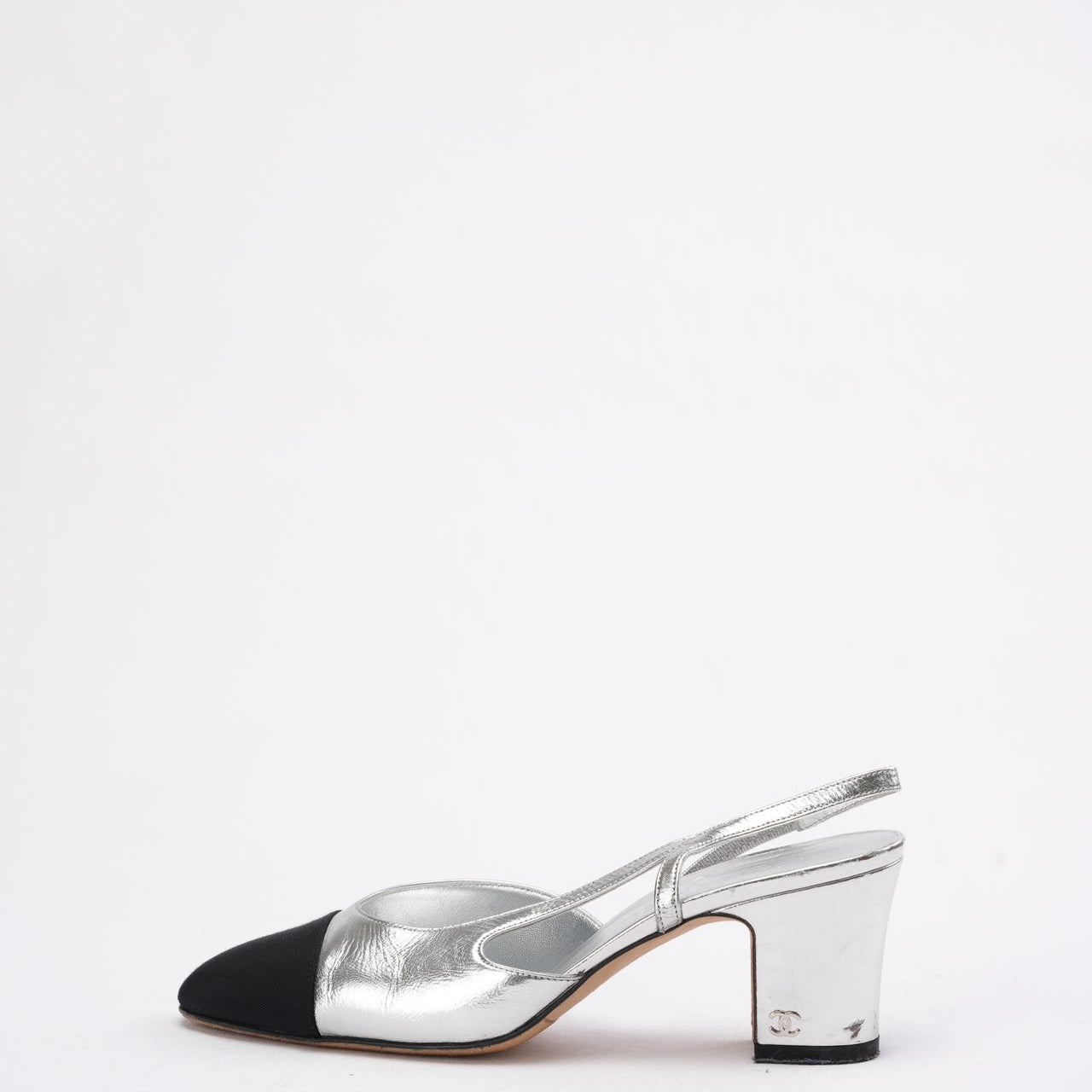 Chanel Silver/Black Patent Cap Toe CC D'osray Slingback 39C