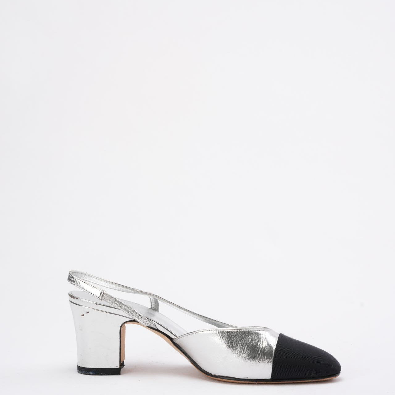 Chanel Silver/Black Patent Cap Toe CC D'osray Slingback 39C