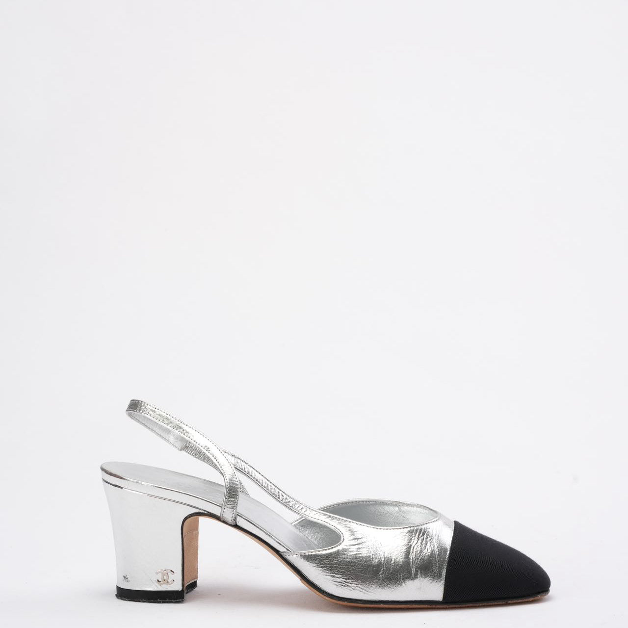 Chanel Silver/Black Patent Cap Toe CC D'osray Slingback 39C