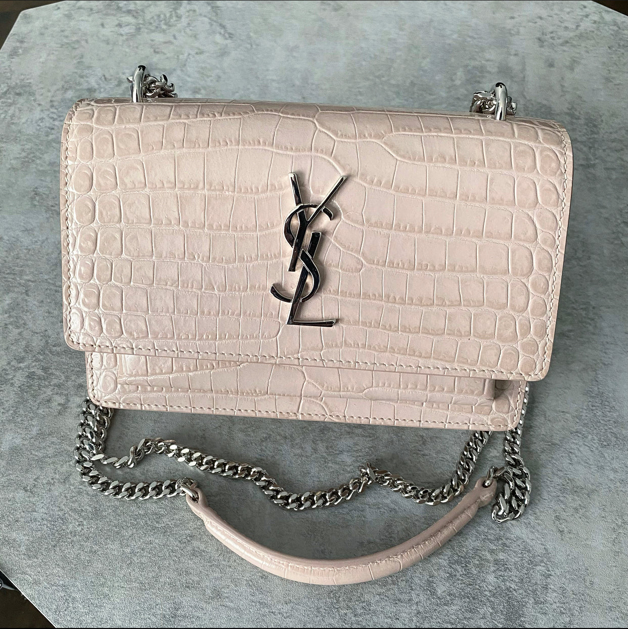 Saint Laurent Pink Croc Embossed Leather Mini Sunset Crossbody Bag