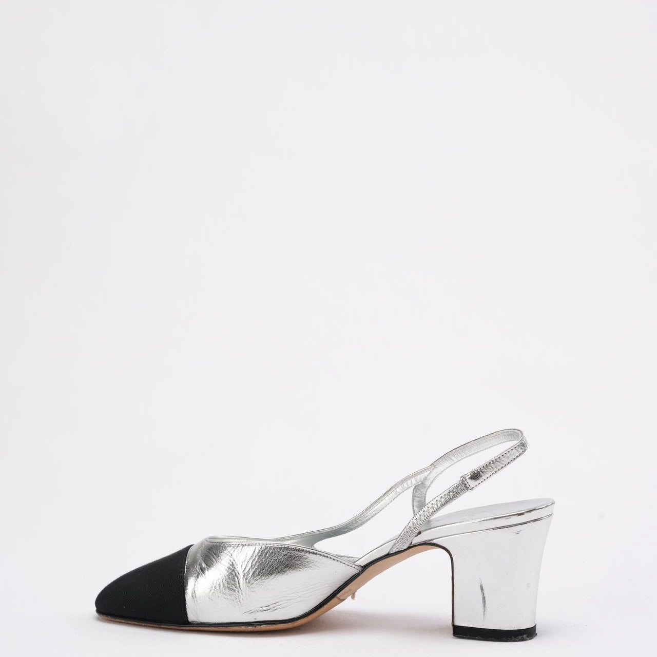 Chanel Silver/Black Patent Cap Toe CC D'osray Slingback 39C
