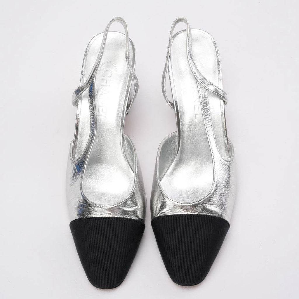 Chanel Silver/Black Patent Cap Toe CC D'osray Slingback 39C