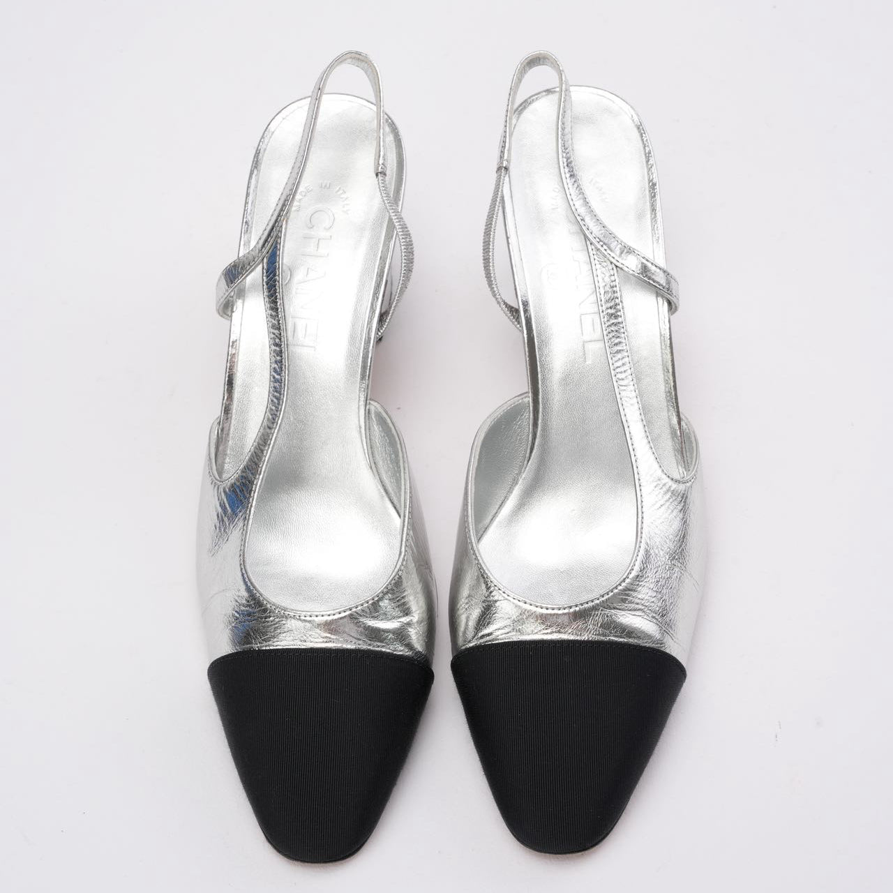 Chanel Silver/Black Patent Cap Toe CC D'osray Slingback 39C