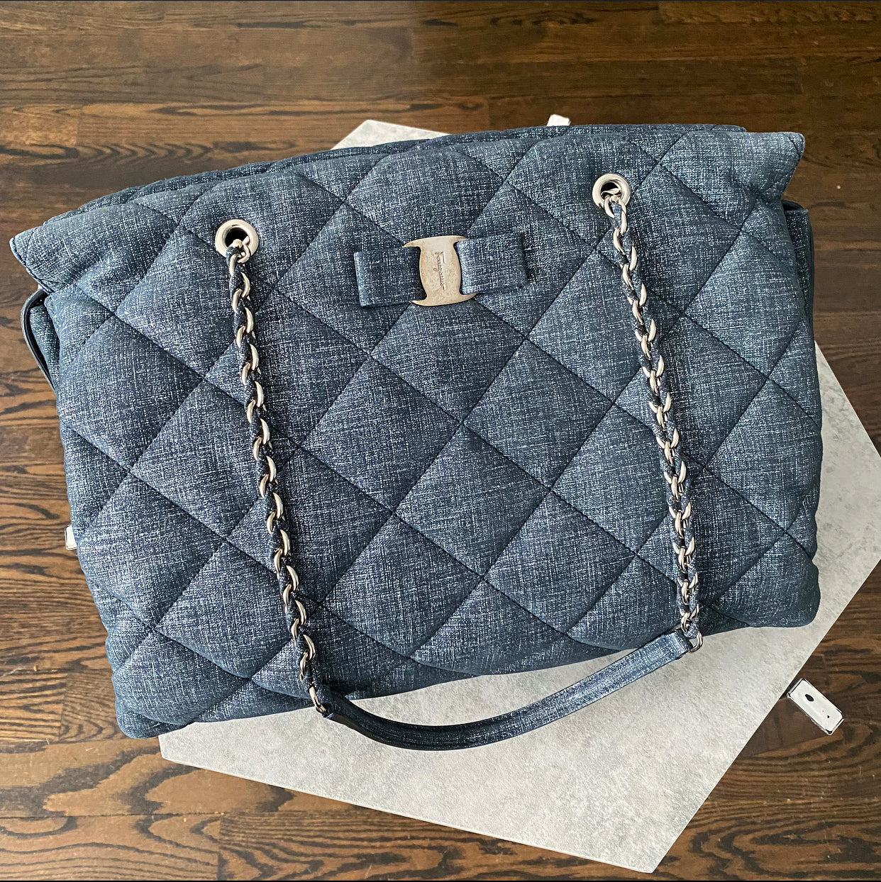 Ferragamo Blue Quilted Large Ginette Shoulder Bag