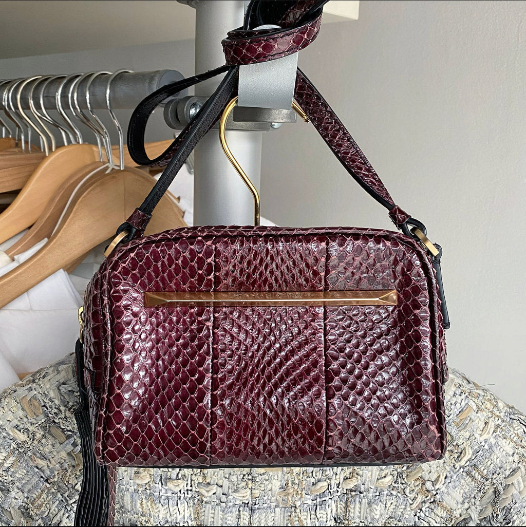 Brian Atwood Burgundy Python Exotic Mini Crossbody Bag