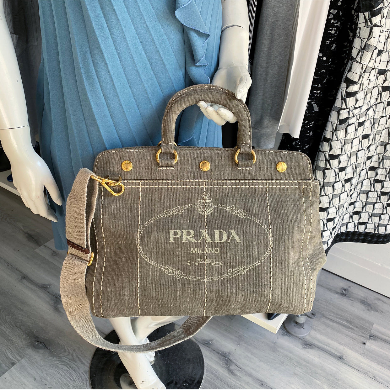 Prada Canvas Canapa Military Green Two-Way Tote Bag