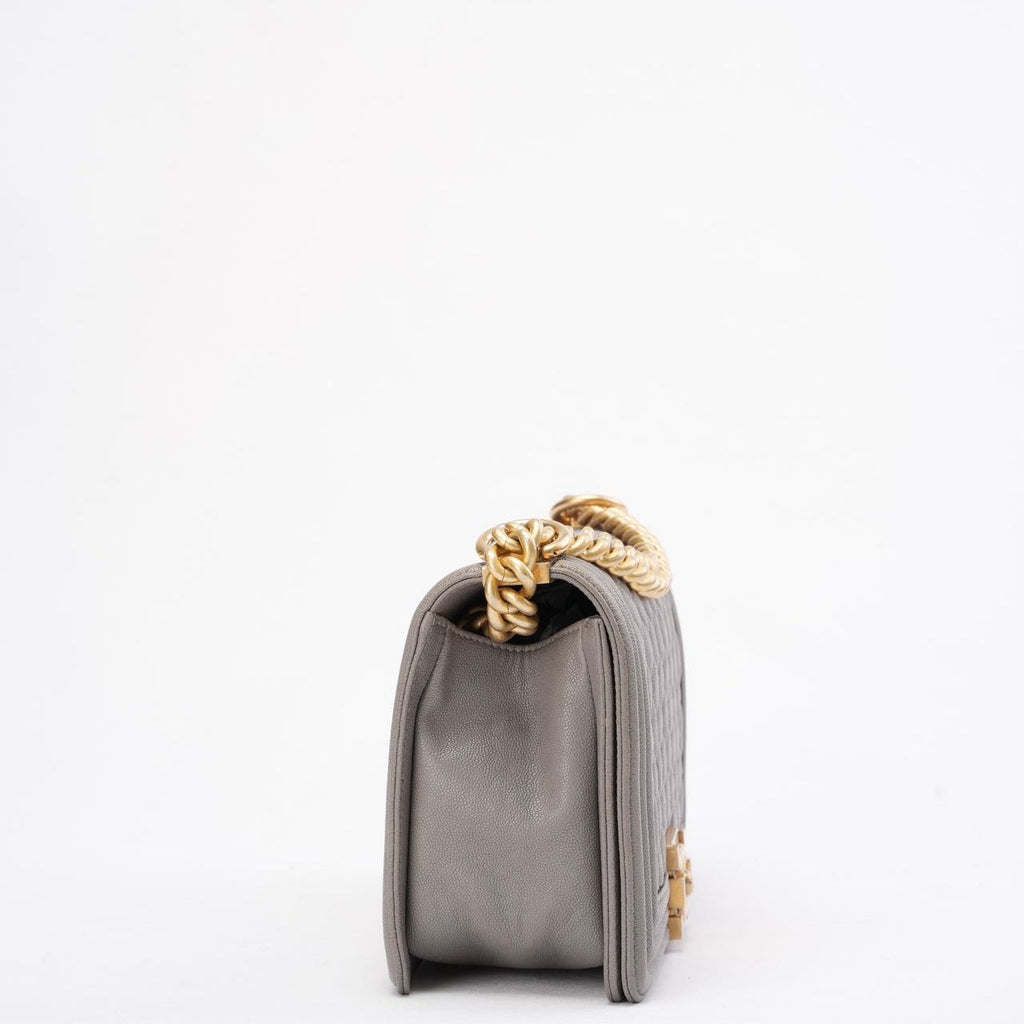 Chanel Boy Medium Grey Flap Bag Quilted Caviar 2019