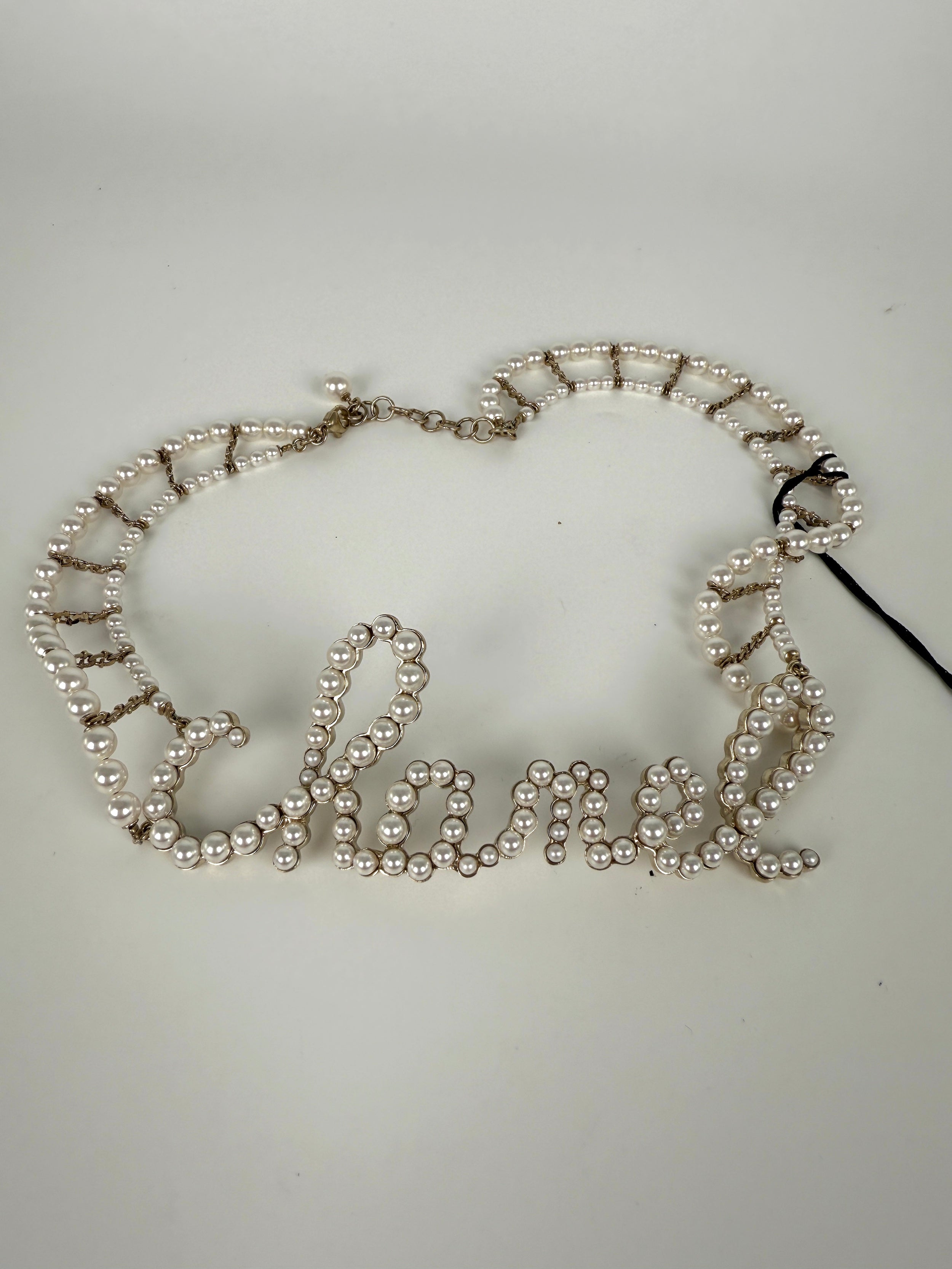 CHANEL Imitation Pearl Swirling Logo Letter Choker Necklace