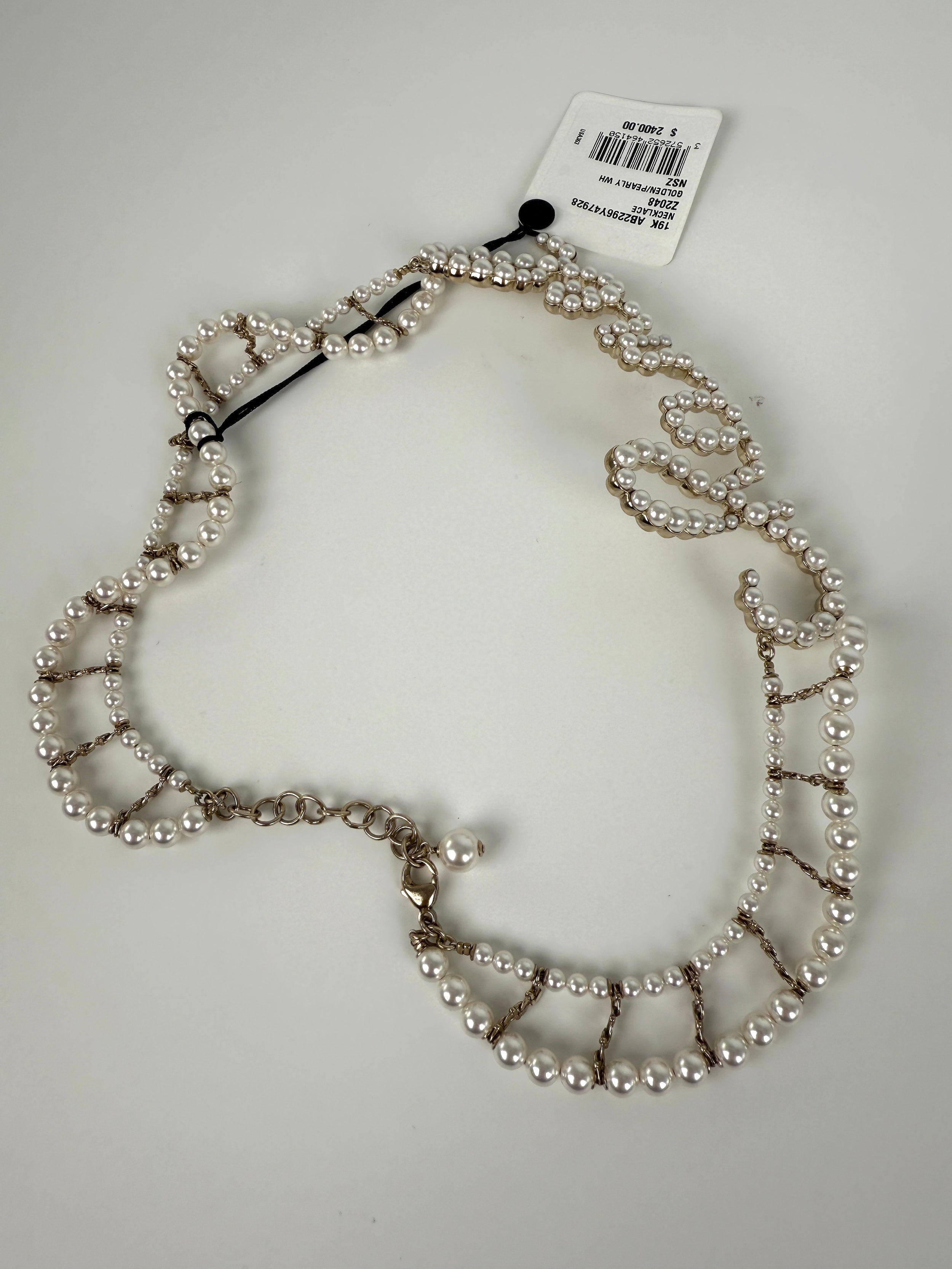 CHANEL Imitation Pearl Swirling Logo Letter Choker Necklace