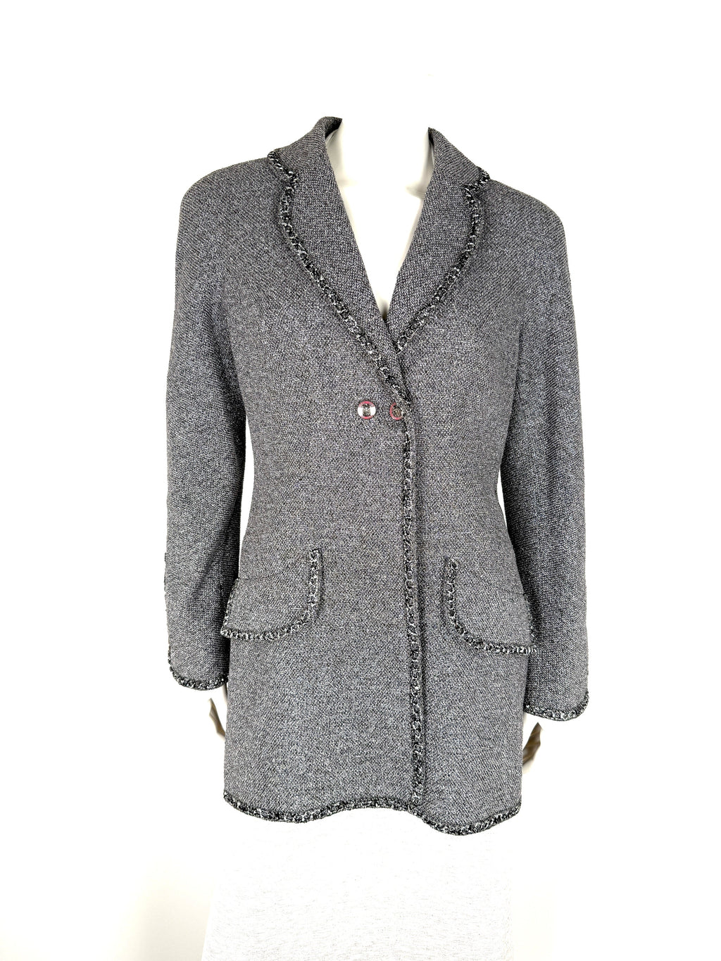 CHANEL Collared Runaway 2020 Black Gray Silver Long Tweed Coat Jacket 40 8
