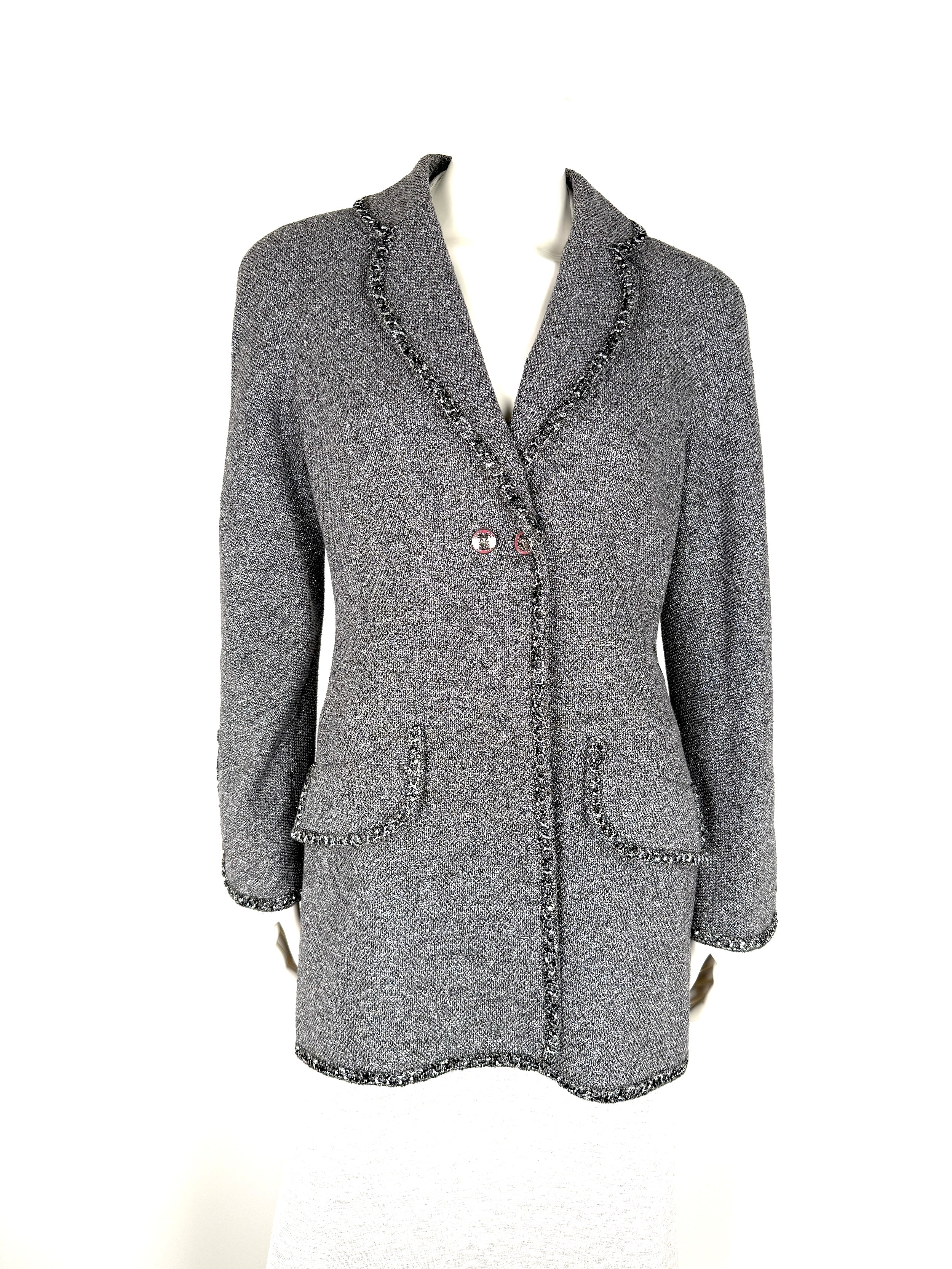CHANEL Collared Runaway 2020 Black Gray Silver Long Tweed Coat Jacket 40 8