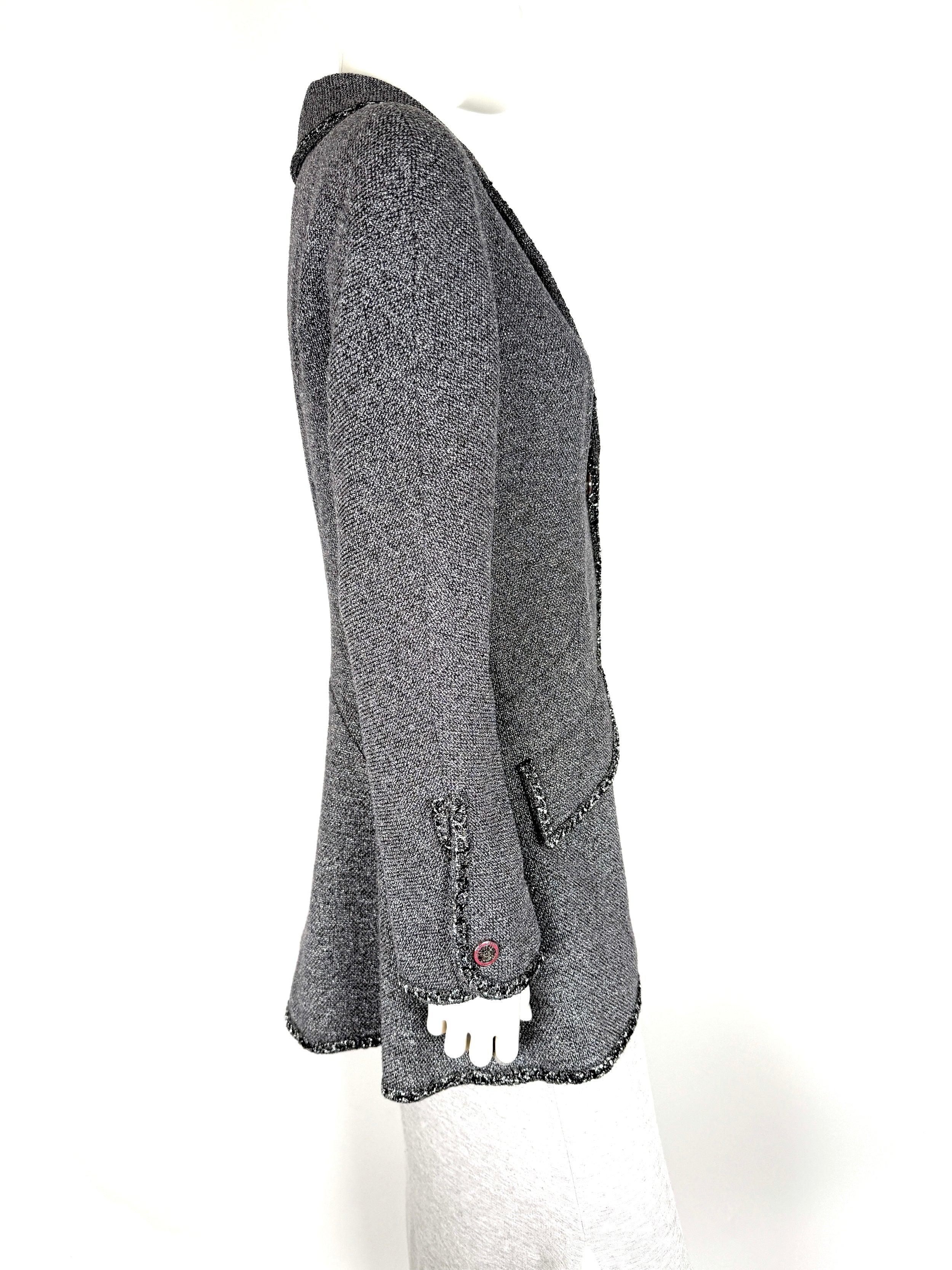 CHANEL Collared Runaway 2020 Black Gray Silver Long Tweed Coat Jacket 40 8