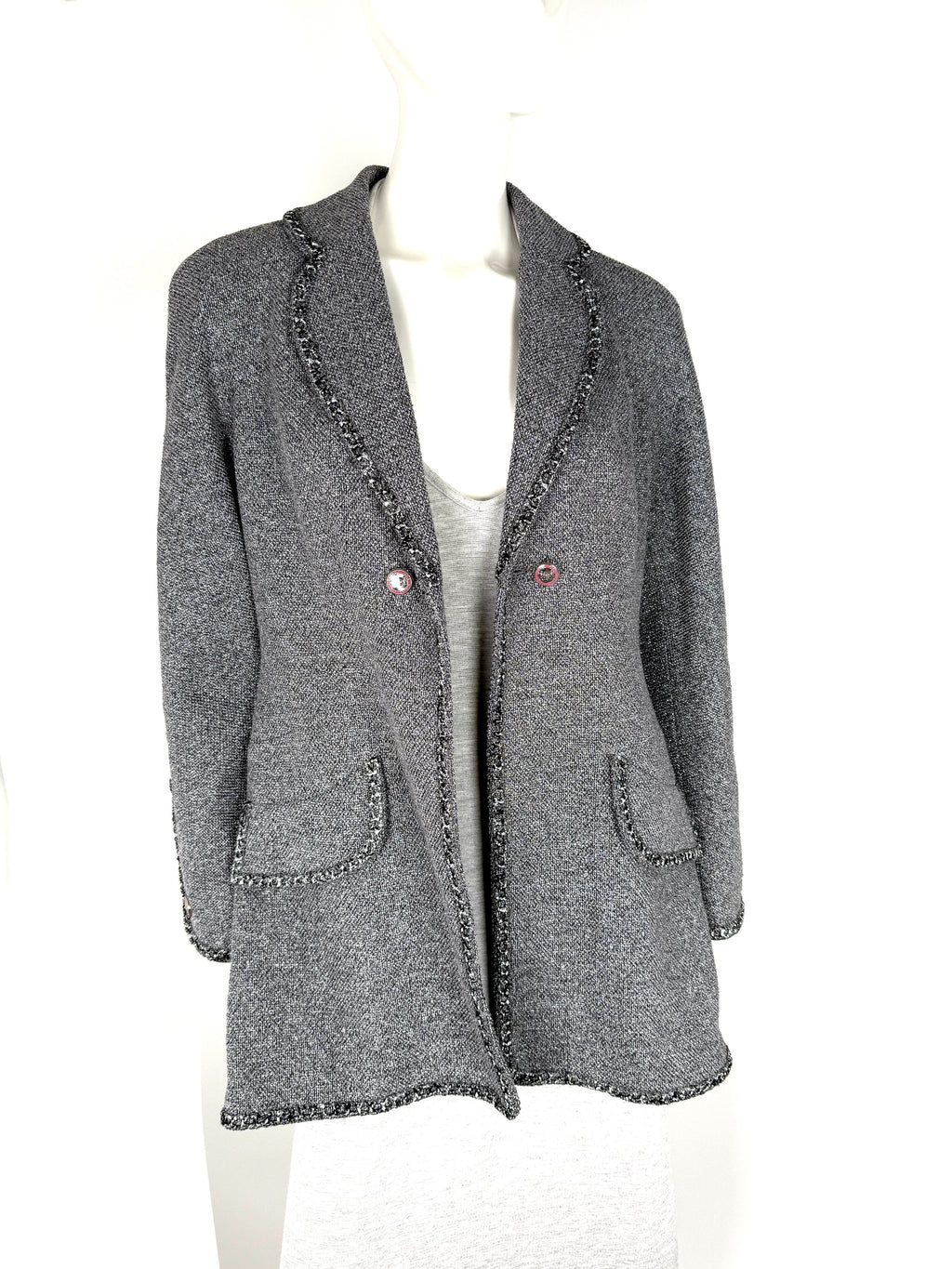 CHANEL Collared Runaway 2020 Black Gray Silver Long Tweed Coat Jacket 40 8