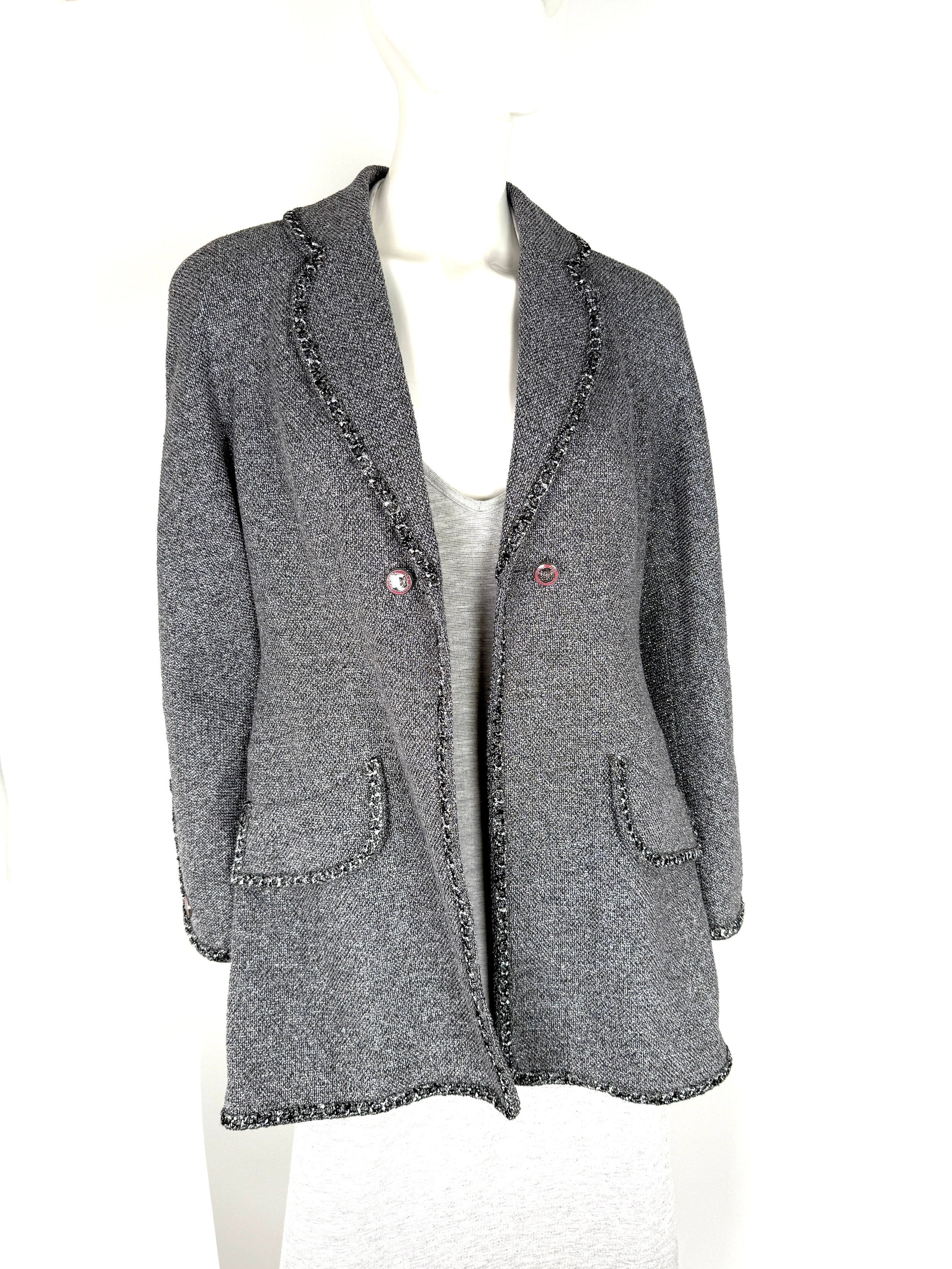 CHANEL Collared Runaway 2020 Black Gray Silver Long Tweed Coat Jacket 40 8