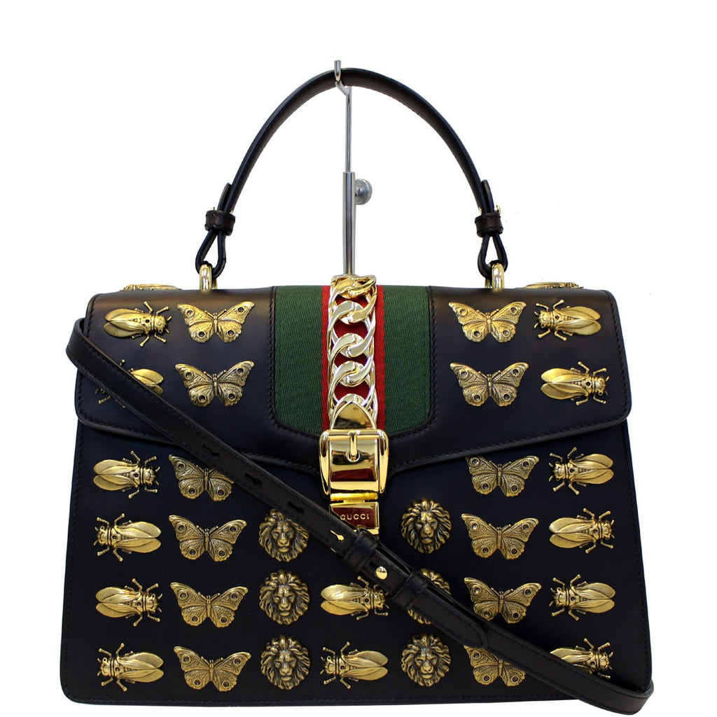 GUCCI Sylvie Animal Studs Calfskin Medium Top Handle Bag Black