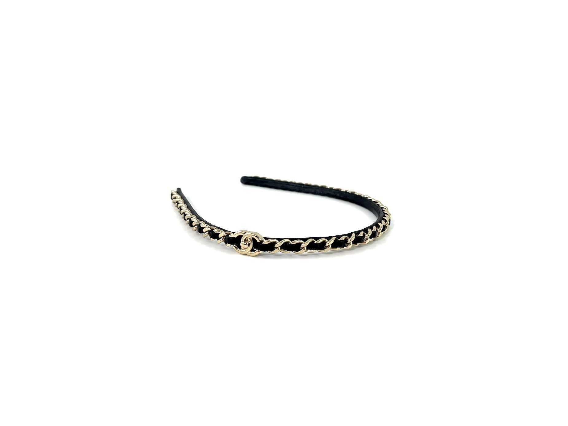 CHANEL Hollywood Hills Black Chain Link Leather CC Logo Headband