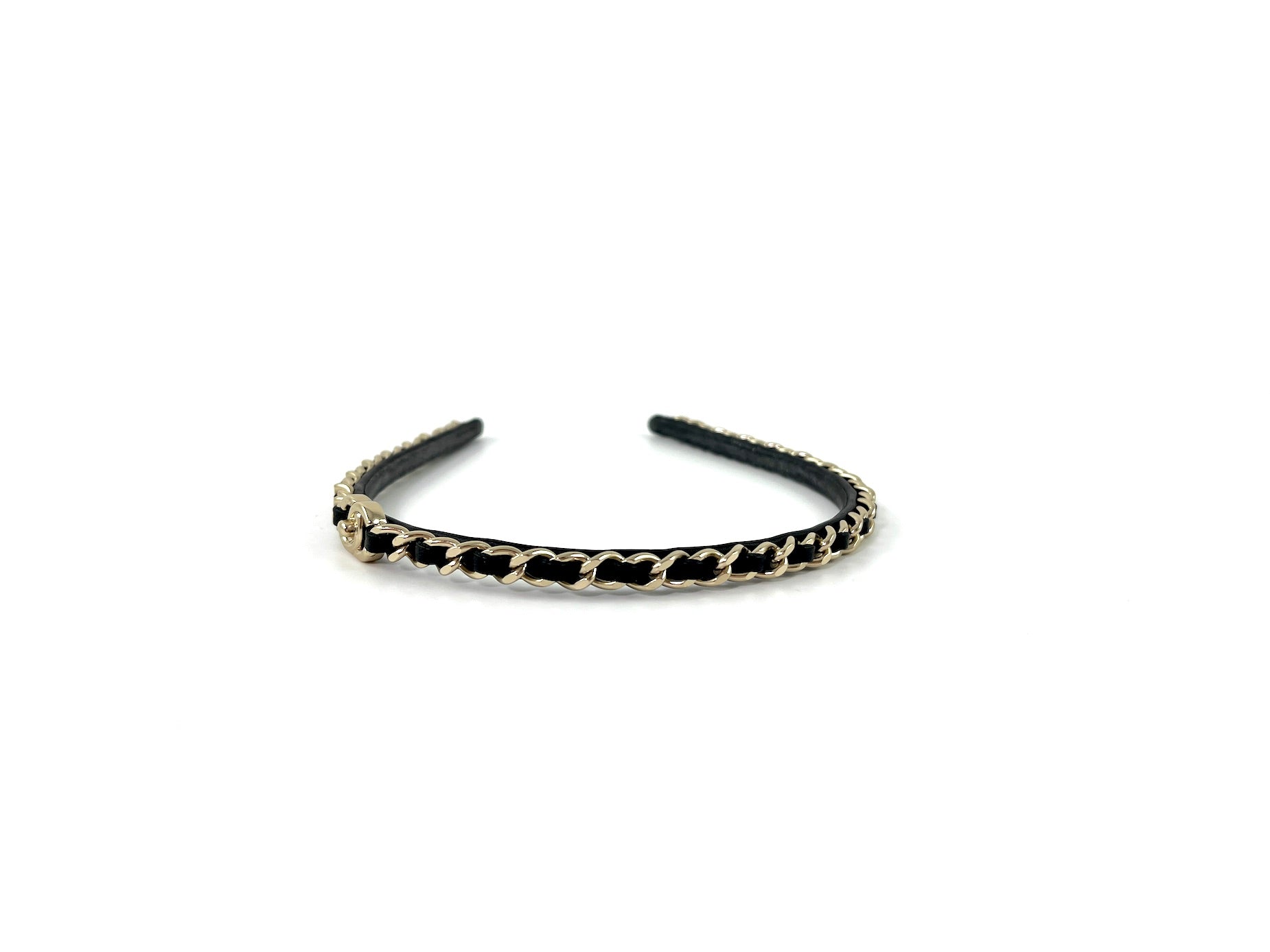 CHANEL Hollywood Hills Black Chain Link Leather CC Logo Headband