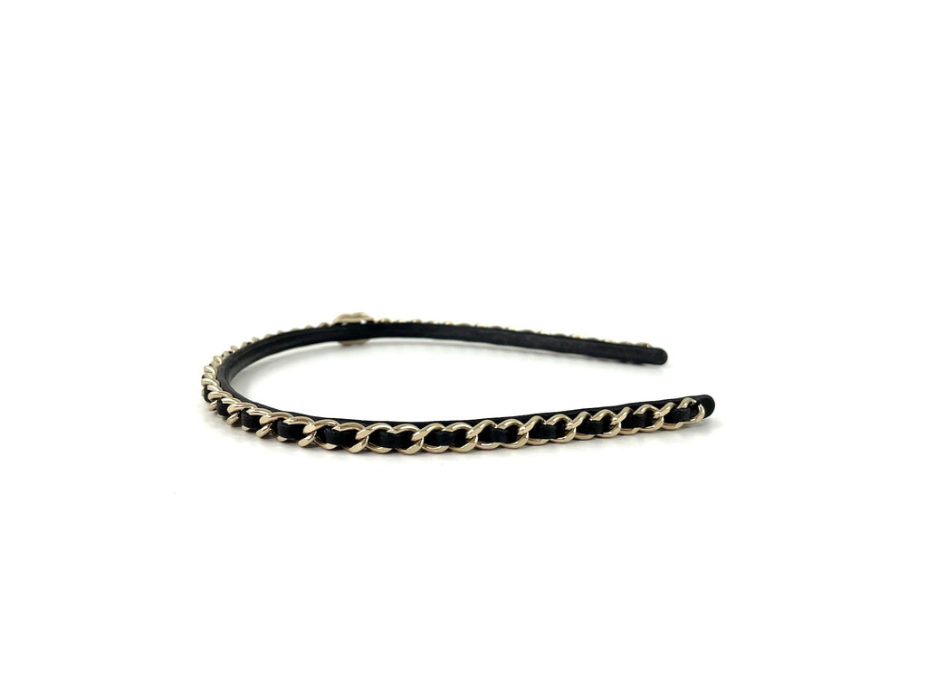 CHANEL Hollywood Hills Black Chain Link Leather CC Logo Headband