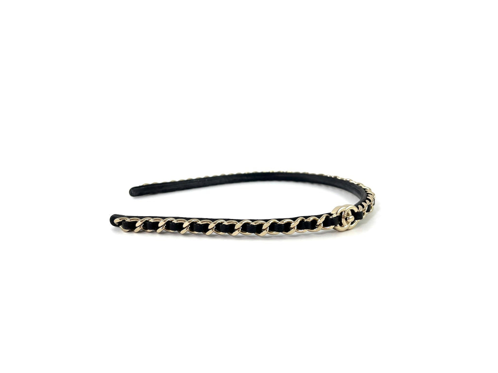 CHANEL Hollywood Hills Black Chain Link Leather CC Logo Headband