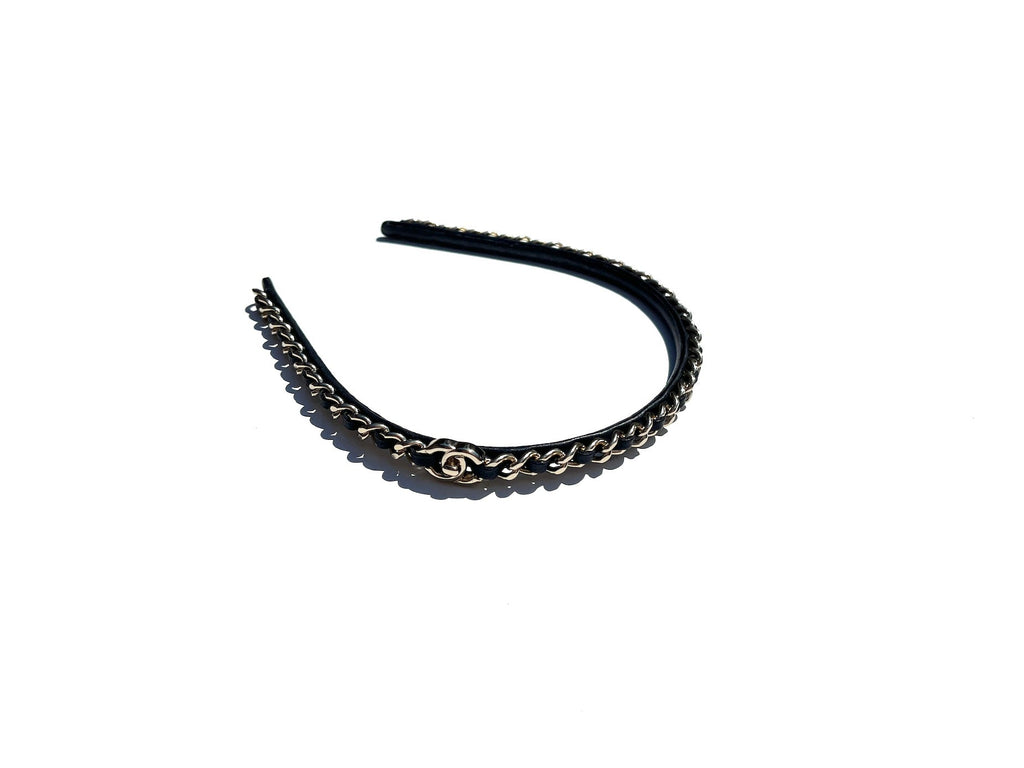 CHANEL Hollywood Hills Black Chain Link Leather CC Logo Headband