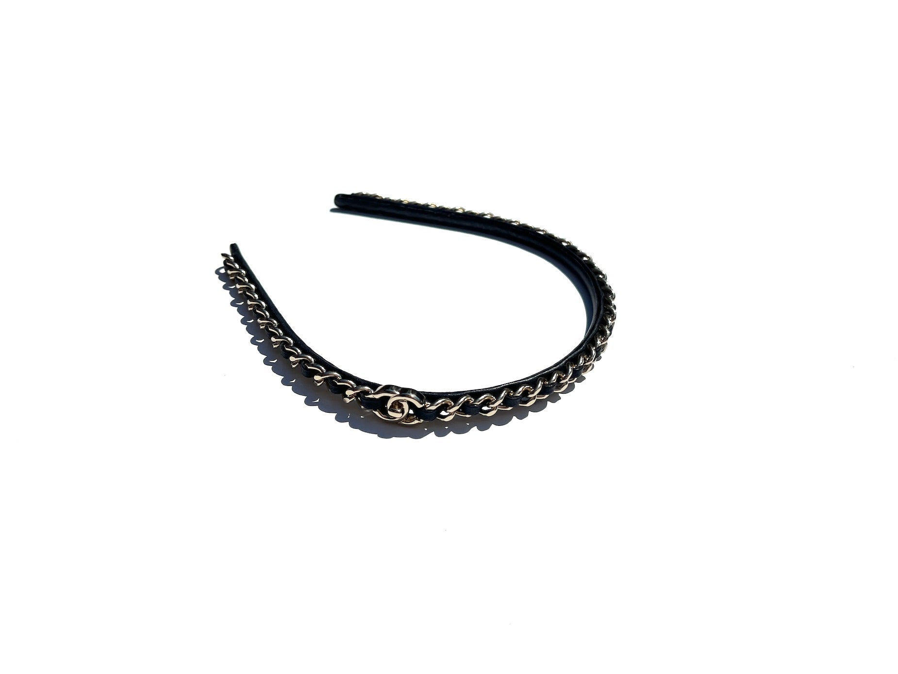 CHANEL Hollywood Hills Black Chain Link Leather CC Logo Headband