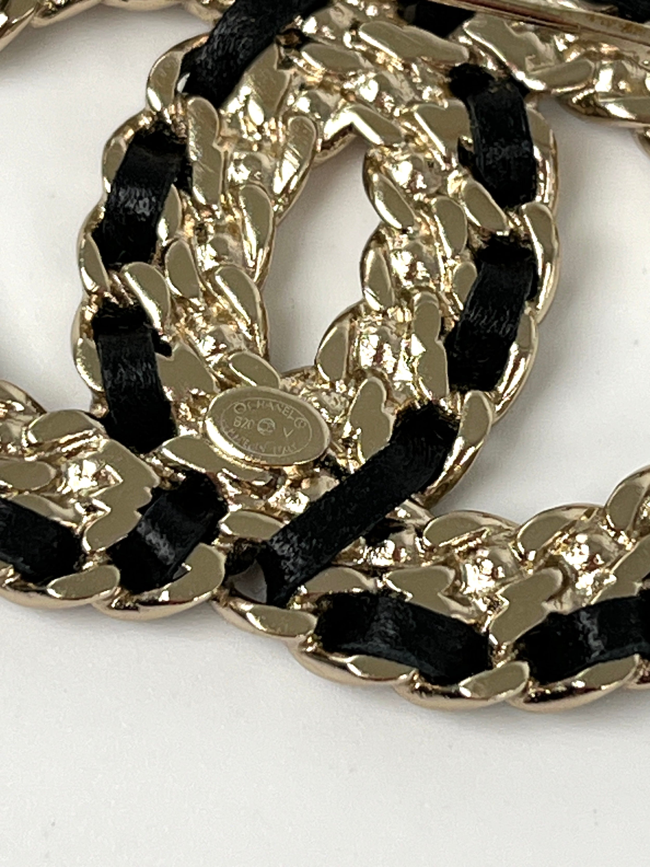 CHANEL CC Logo Leather Crystal Gold Black Brooch Pin