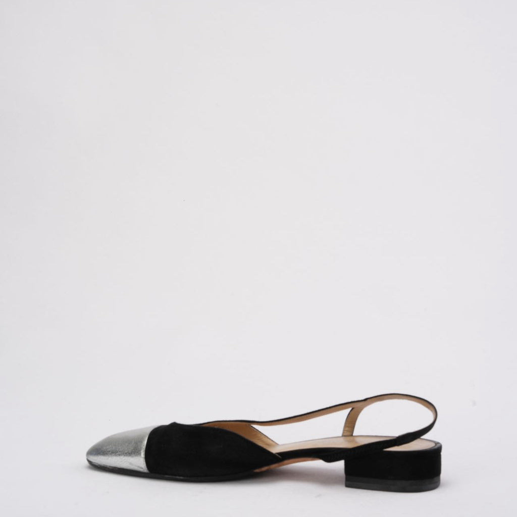 Chanel Black/Silver Suede & Leather Classic Slingback Flat 40C