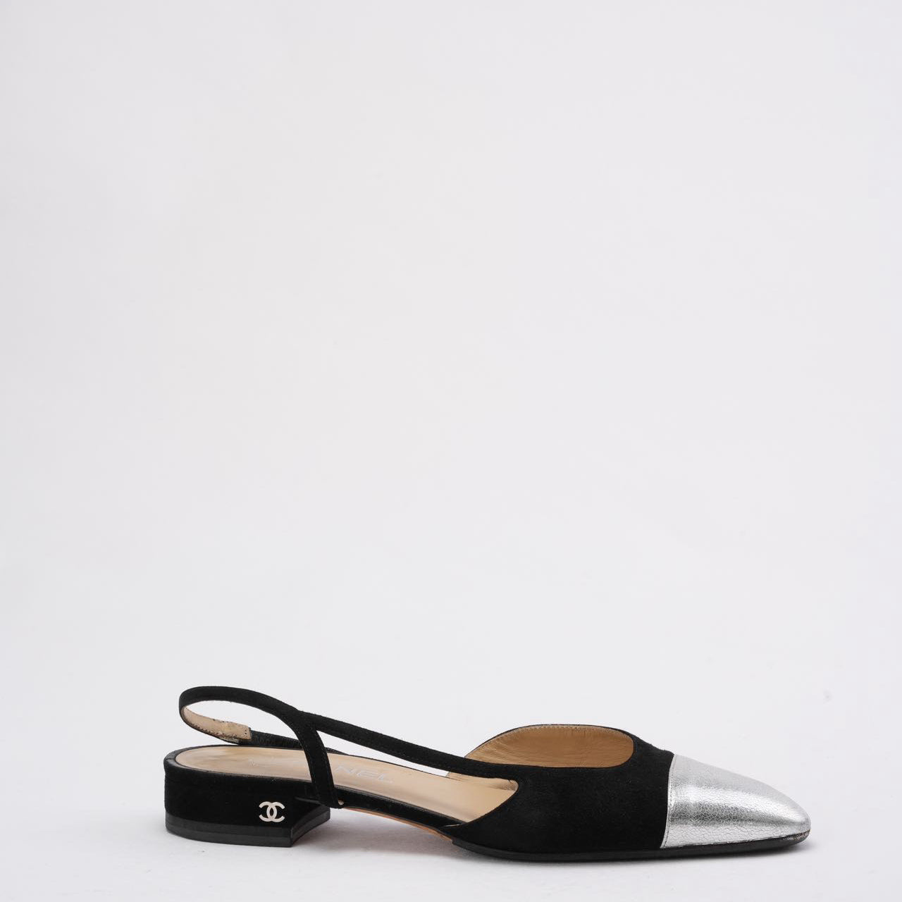 Chanel Black/Silver Suede & Leather Classic Slingback Flat 40C