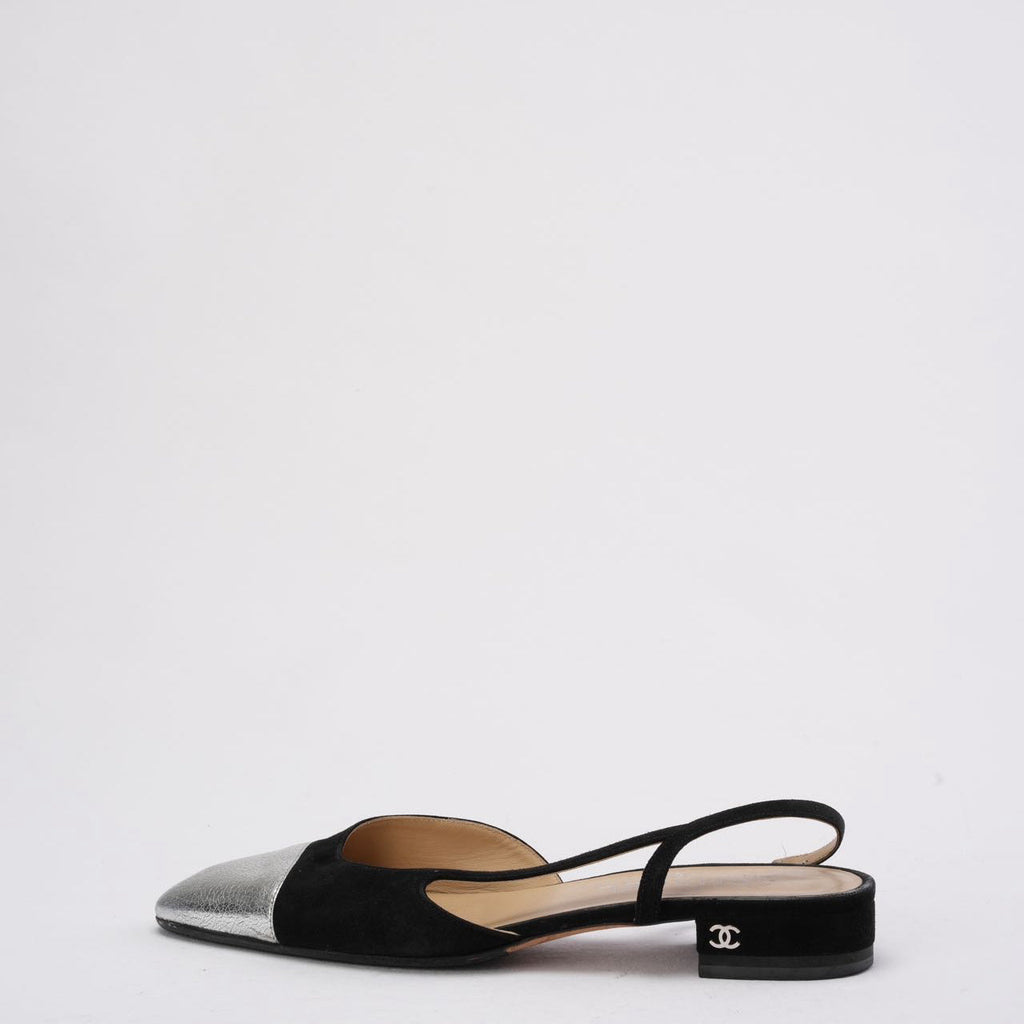Chanel Black/Silver Suede & Leather Classic Slingback Flat 40C
