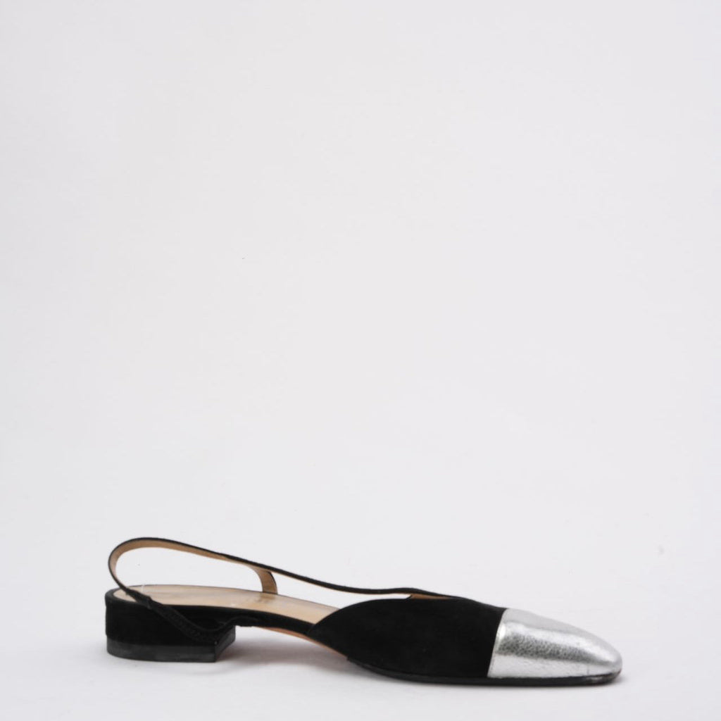 Chanel Black/Silver Suede & Leather Classic Slingback Flat 40C