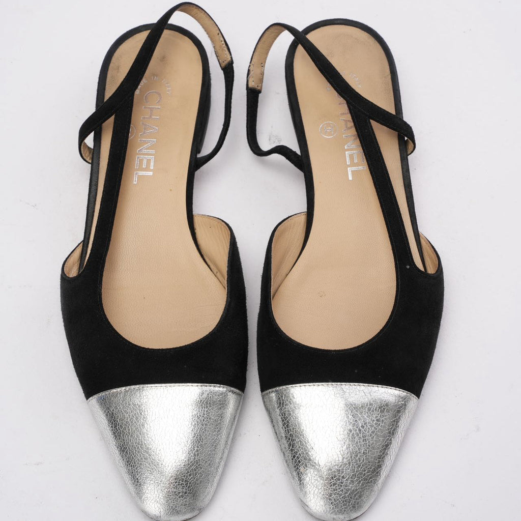 Chanel Black/Silver Suede & Leather Classic Slingback Flat 40C