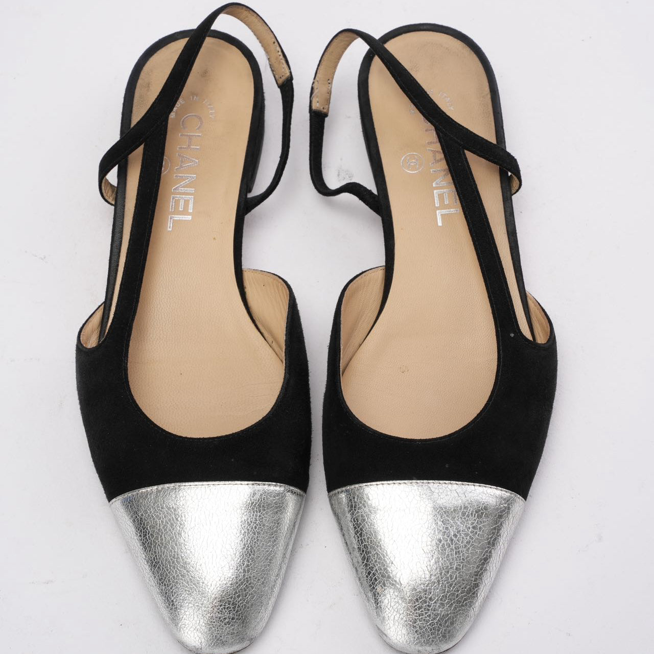 Chanel Black/Silver Suede & Leather Classic Slingback Flat 40C