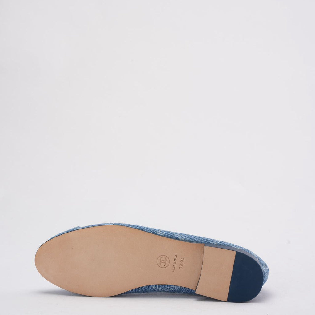 Chanel Denim Blue / White CC Logo Bow Tie Ballet Flats 39.5C