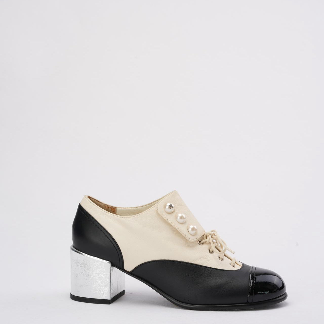 Chanel Black / White Pearl Lace-Up Ankle Boots Size 39.5