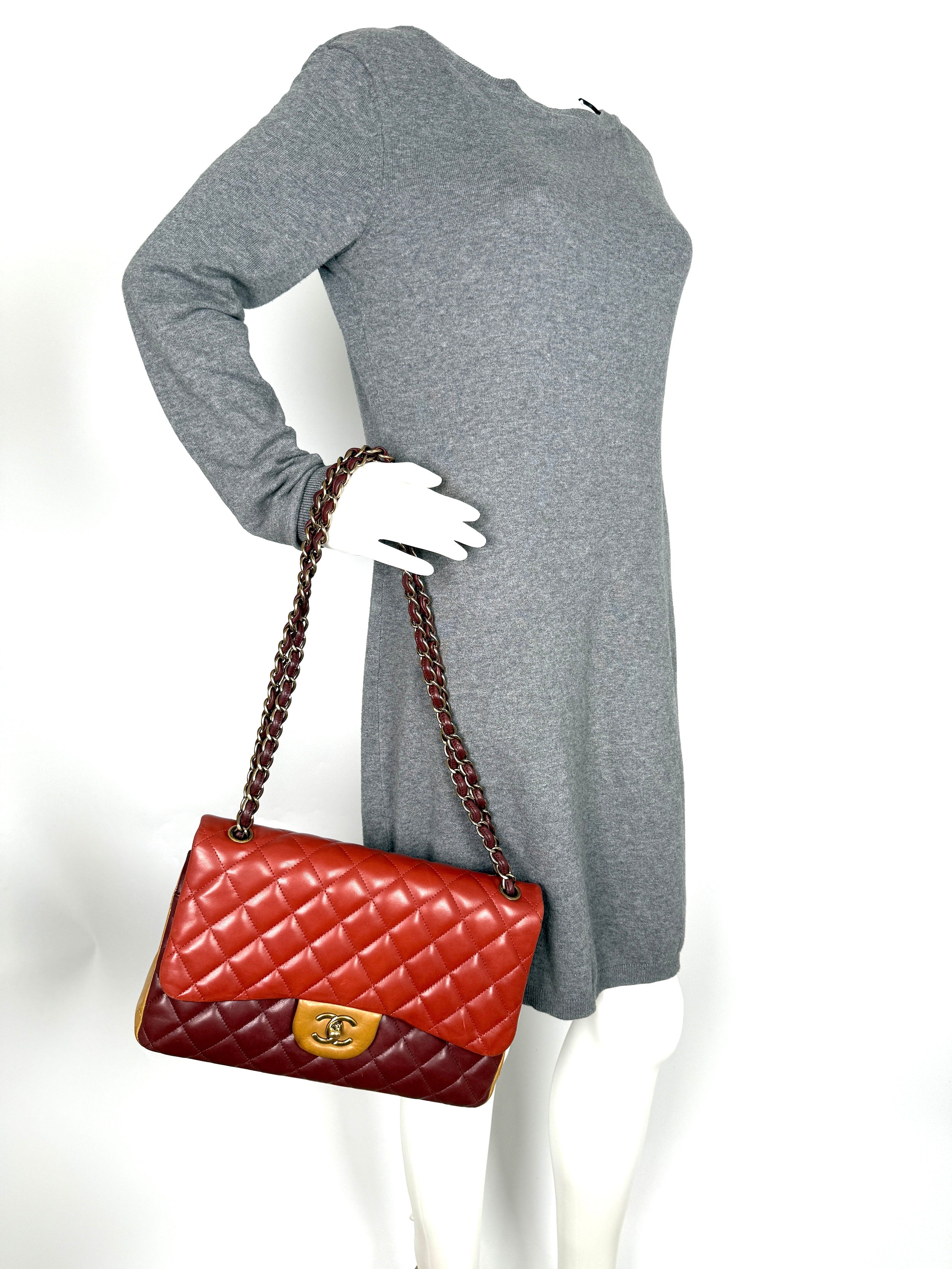 CHANEL Classic Jumbo Quilted Lambskin Tri-Color Burgundy Yellow Red Double Flap Shoulder Crossbody Bag