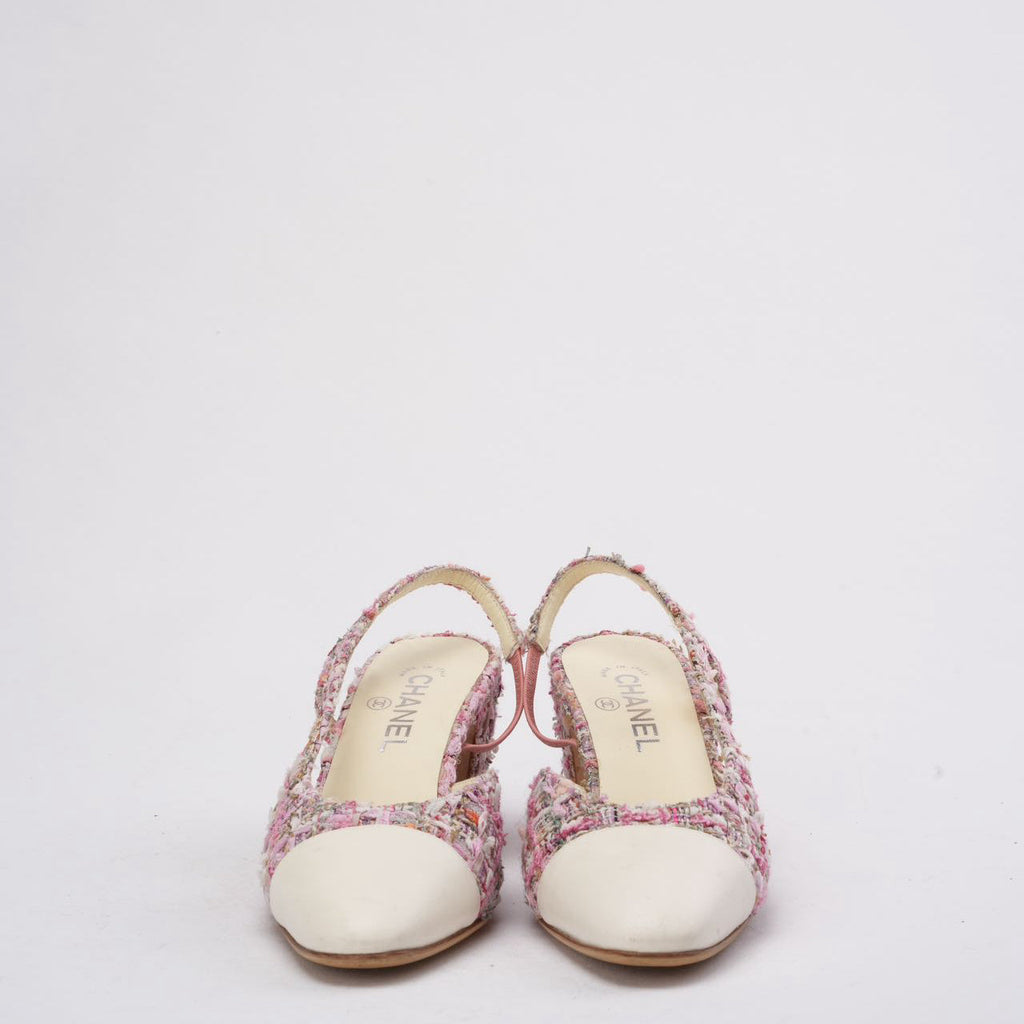 Chanel Pink and White Tweed Slingback Sandals 39.5