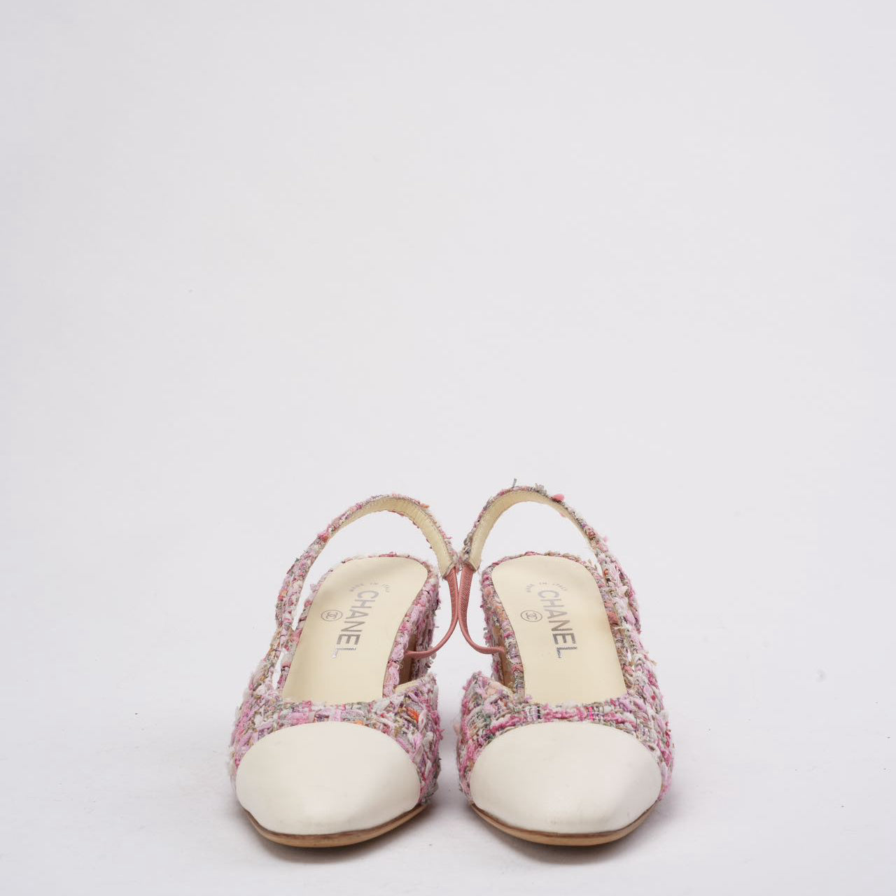 Chanel Pink and White Tweed Slingback Sandals 39.5